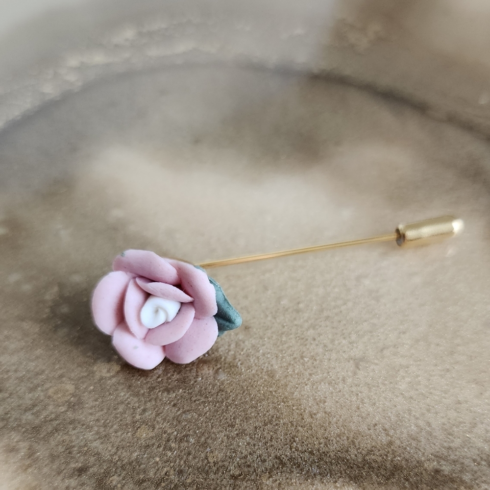 Porcelain Pink Rose Floral Brooch Stick Pin